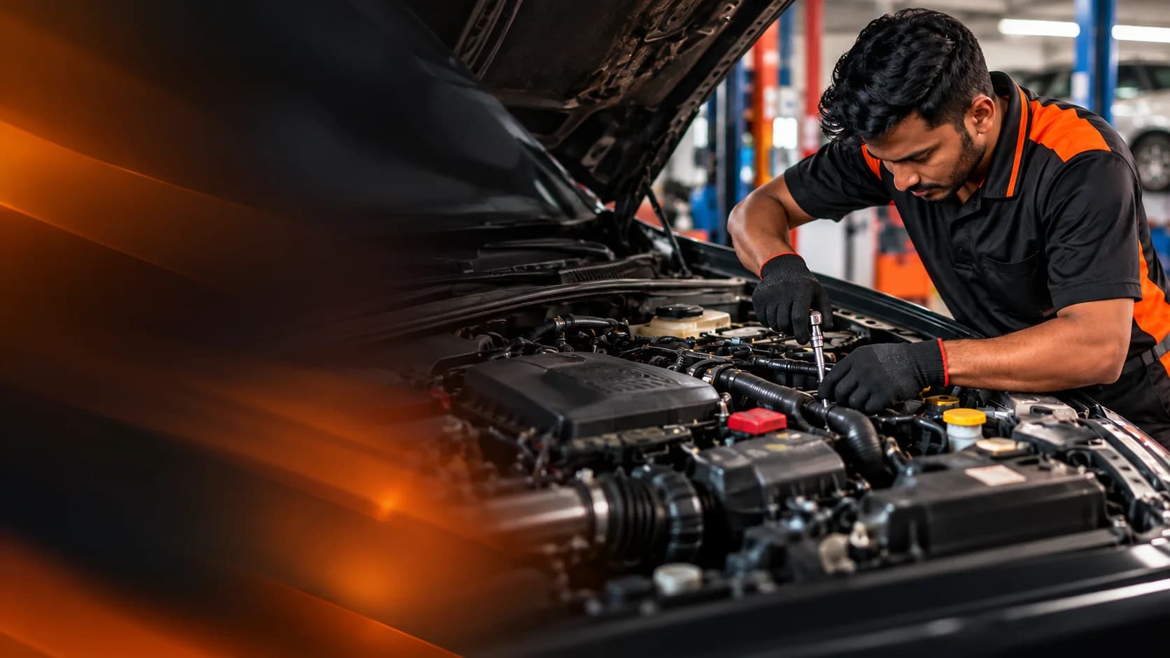 Technician working on a vehicle engine in the workshop